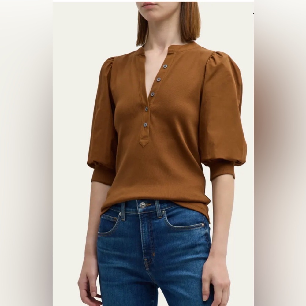VERONICA BEARD coralee Puff Sleeve Button-Front Top in ochre brown size L